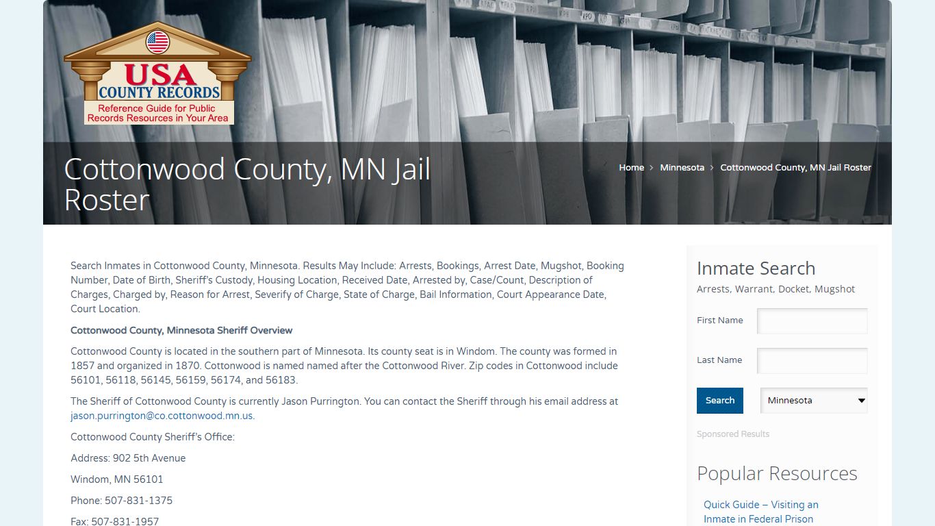 Cottonwood County, MN Jail Roster | Name Search