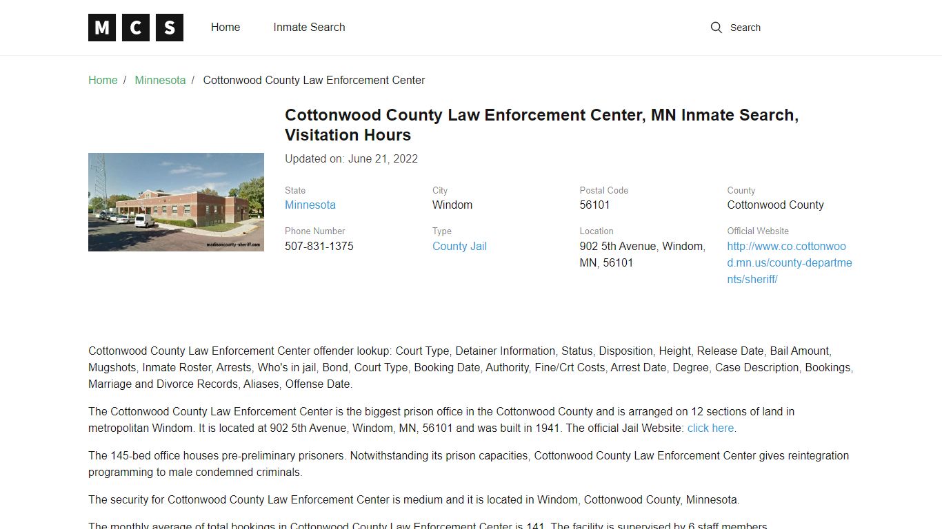 Cottonwood County, MN Jail Inmates Search, Visitation Rules